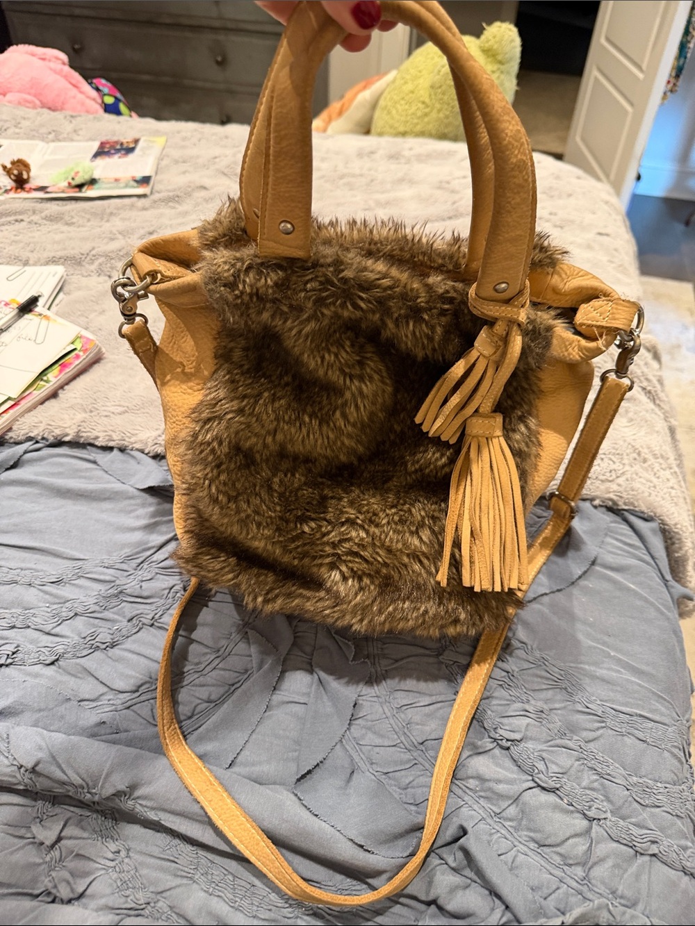 Miss Albright Tan Faux Fur Accent Shoulder Bag with Tassel